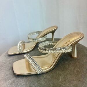 Zara metallic gold Open toe high heel mule sandal rhinestones and pearls 37 NWOB